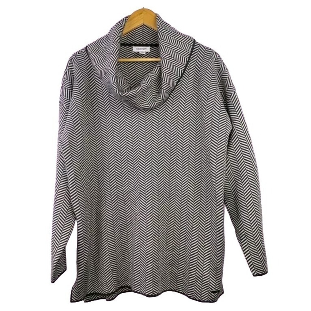 Calvin Klein Women's Sweater M Shevron Acrylic Gray White tunic knit Logo
